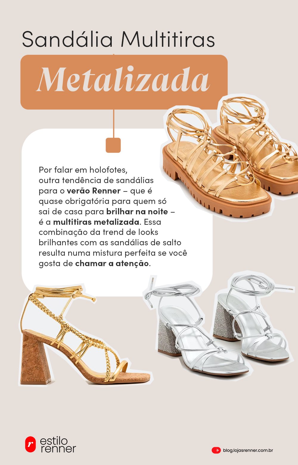 Imagem com fundo claro com sandálias flatform e com salto com cor metalizada e multiras