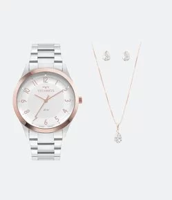KIT RELÓGIO TECHNOS ANALÓGICO COM CAIXA E PULSEIRA EM AÇO PRATA 2036MQJ/K1K