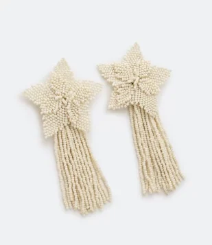 Maxi Brinco em Miçanga com Base em Estrela e Franjas Off White