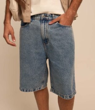 Bermuda Jorts Baggy Jeans com Pesponto Contrastante Azul