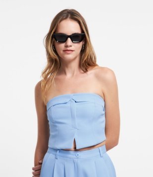 Blusa Cropped Tomara que Caia Alfaiatada com Detalhe Lastex nas Costas Azul