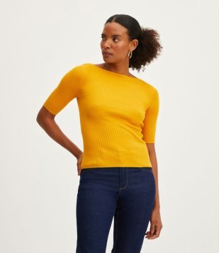 Blusa em Tricô Canelado com Gola Canoa Amarelo