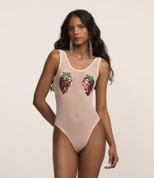Body Tule com Bordado de Morango Branco
