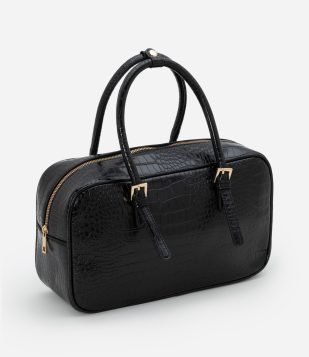 Bolsa Média em PU com Alça de Mão em Croco com Detalhe de Espelinho Preto