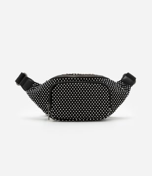 Bolsa Pochete Pequena com Strass e Bolso Frontal Preto