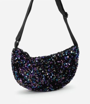 Bolsa Transversal em Paetê Holográfico Média Meia Lua com Zíper Preto