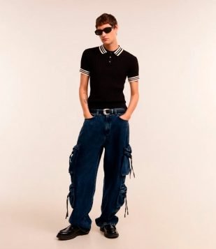 Calça Super Baggy em Jeans com Multibolsos Azul escuro