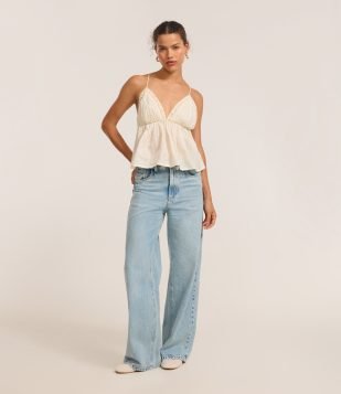 Calça Wide Leg em Jeans com Cós Virado Claro