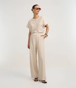 Calça Wide Risca de Giz em Ponto Roma Off White