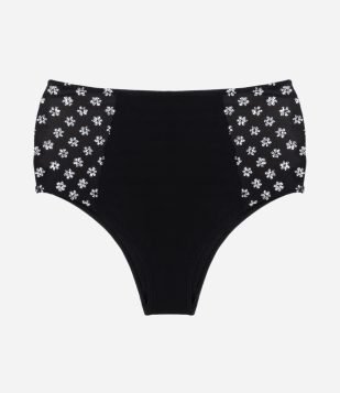 Calcinha Alta em Tule com Flores Metalizadas Preto