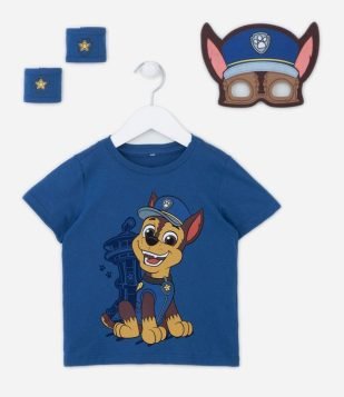 Camiseta Infantil Estampa Chase Patrulha Canina com Máscara Interativa - Tam 1 a 5 Anos Azul