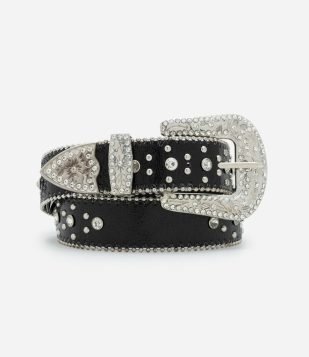 Cinto Largo Glossy em PU com Pedraria Aplicadas Preto