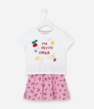 Conjunto Infantil com Short Saia e Cerejinha de Crochê - Tam 1 a 5 anos Branco-Rosa