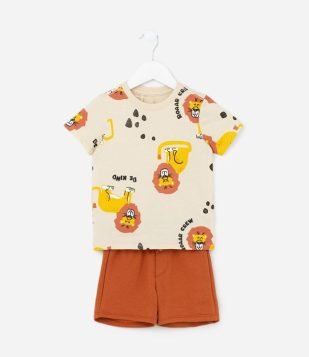 Conjunto Infantil em Algodão com Estampa Leãozinho - 1 a 5 Anos Marrom