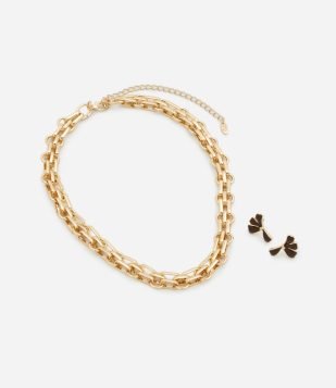 Conjunto de Colar Corrente e Brinco em Metal com Detalhe Esmalte Dourado