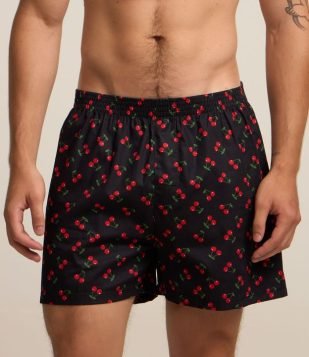 Cueca Samba Canção em Tricoline com Estampa de Cerejas Preto