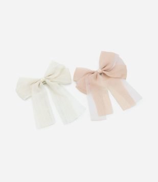 Kit 02 Presilhas de Cabelo Infantil em Formato de Laço Rosa-Bege