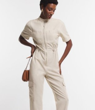 Macacão Longo em Sarja com Zíper e Bolsos Bege