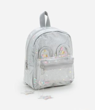 Mochila Infantil com Brilhos e Bolso Transparente - Tam Único Prata