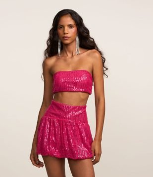 Saia Balonê Curta em Paetê Metalizado Rosa