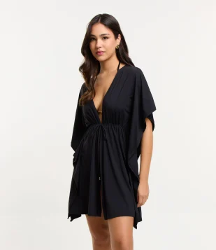 Saída de Praia Bata em Poliamida com Abertura Frontal e Amarração Preto