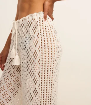 Saída de Praia Calça em Crochê com Amarração e Tassel Branco