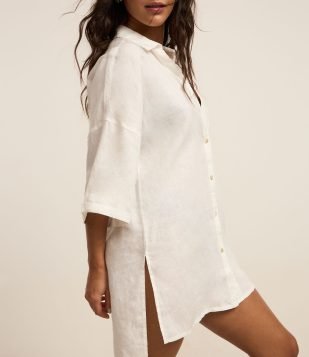 Saída de Praia Camisa em Linho Puro com Barra Mullet Branco