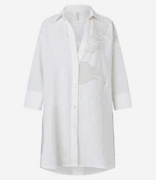 Saída de Praia Chemise em Algodão Texturizada e Bordada Branco