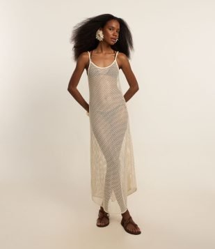 Saída de Praia Vestido Longo em Crochê Off White