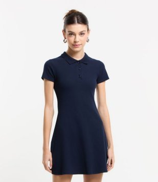 Vestido Curto em Ribana com Gola Polo Azul Marinho