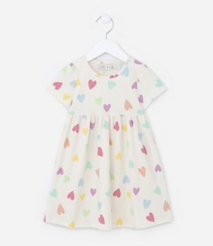 Vestido Infantil Canelado com Estampa de Corações - Tam 1 a 5 Anos Bege