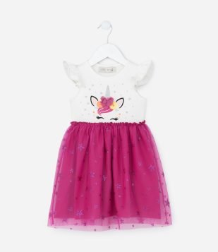 Vestido Infantil em Tule com Estampa Unicórnio - Tam 1 a 5 Anos Rosa-Branco