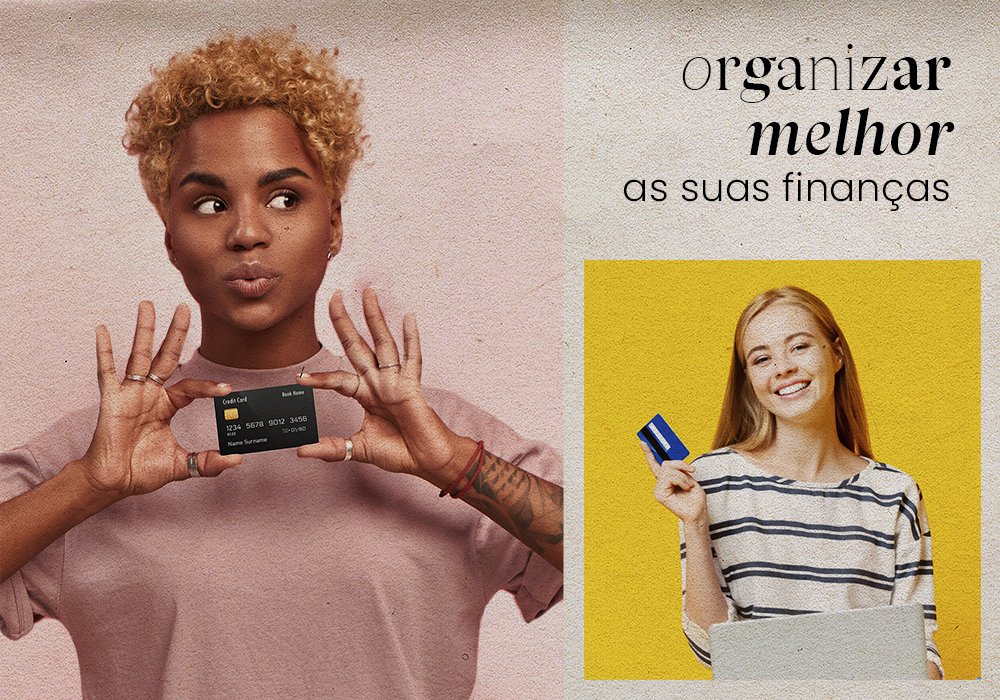 Uma mulher preta usando uma camiseta na cor nude segurando um cartão preto, e ao lado uma mulher branca usando uma camiseta branca com listras segurando um cartão azul