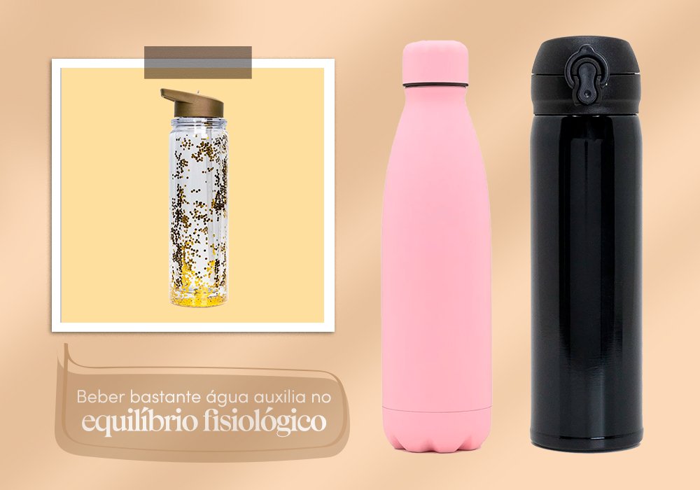 garrafa térmica rosa, garrafa térmica preta e garrafa de plastico estampada