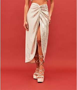 Saia Midi em Jersey com Torcido na Cintura e Paetê Cinza