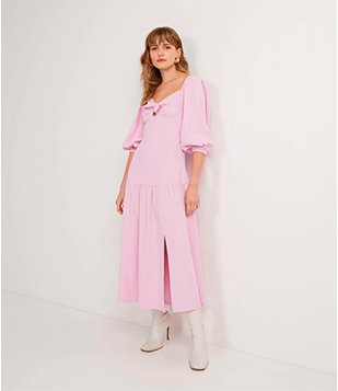 Vestido Midi em Crepe com Decote Coração e Amarração Rosa