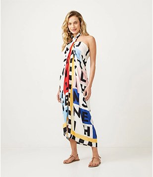 Canga Quadrada em Viscose com Estampa Caça-Palavras Multicores