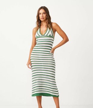 Vestido New Midi Frente Única em Tricô com Listras e Ponto Crochê Multicores