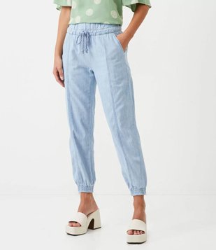 Calça Jogger Jeans Com Cintura Média E Amarração Azul