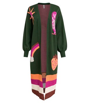 Casaco Alongado em Tricô com Manga Bufante e Barra Listrada Verde