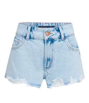 Short Cintura Média Em Jeans Com Bolsos De Coração Azul