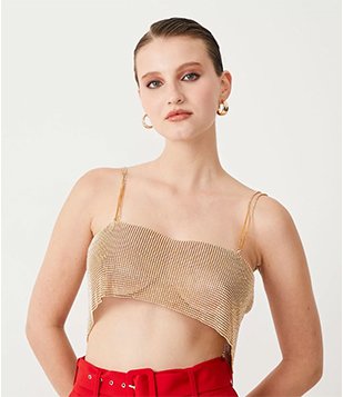 Blusa Regata Cropped Em Strass Com Alças Duplas Dourado