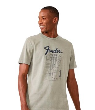 Camiseta Comfort Em Algodão Com Estampa Releitura Fender Sketch Verde