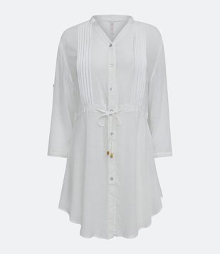 Saída de Praia Bata em Viscose Texturizada com Pregas Frontais Branco