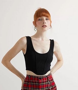 Blusa Regata Cropped Em Ribana Com Recorte Corset Preto