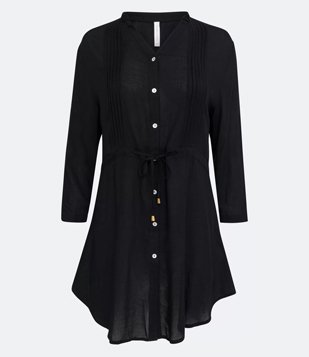 Saída De Praia Bata Em Viscose Texturizada Com Pregas Frontais Preto