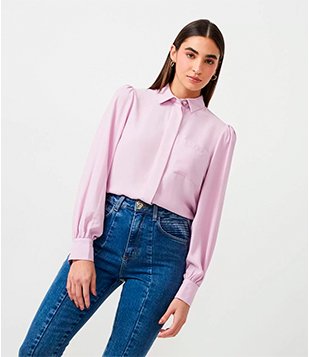 Camisa com Manga Bufante e Botão Diferenciado Rosa