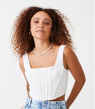 Blusa Cropped Sem Manga Em Laise Texturizado Com Design Corset Branco