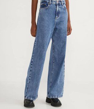 Calça Wide Leg Jeans com Cintura Alta e Pespontos Contrastantes Azu