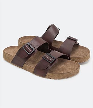 Sandália Slide em Couro com Tiras e Fivela Marrom